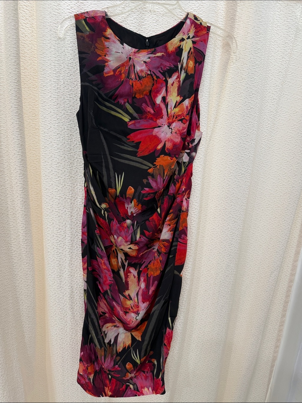 Nicole Miller Black Midi Dress with Pink & Red Floral Print